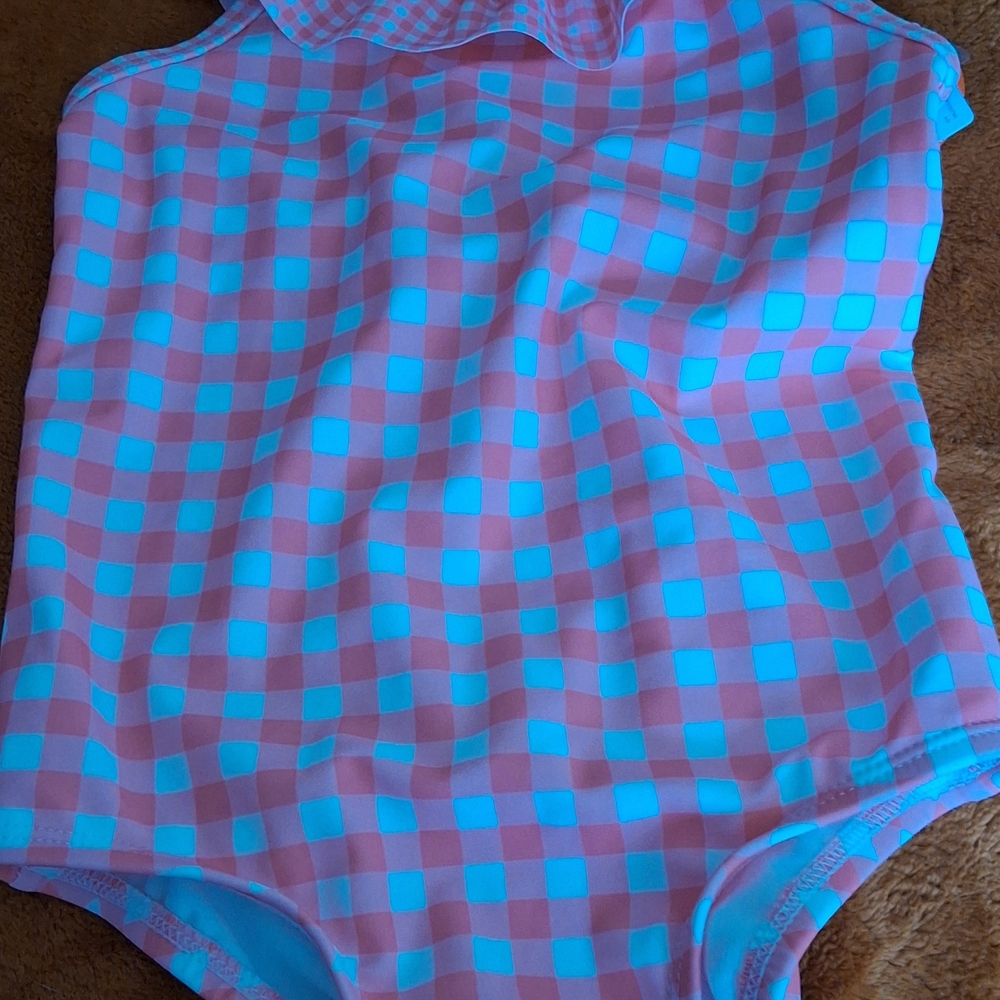 Peach And White Checkered Swimsuit